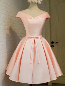 Peach A-line Taffeta Off The Shoulder Cap Sleeves Belt Knee Length Lace Up Quinceanera Dama Dress