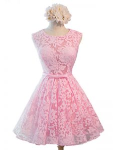 Sleeveless Knee Length Belt Lace Up Dama Dress with Baby Pink