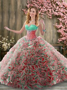 Sweetheart Sleeveless Ball Gown Prom Dress Brush Train Beading Multi-color Fabric With Rolling Flowers