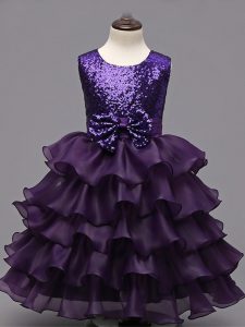 Best Selling Tea Length Dark Purple Flower Girl Dress Scoop Sleeveless Zipper