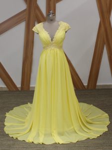 Fine Yellow Celebrity Inspired Dress V-neck Short Sleeves Brush Train Zipper