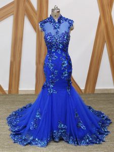 Sleeveless Tulle Brush Train Backless Going Out Dresses in Royal Blue with Lace and Appliques