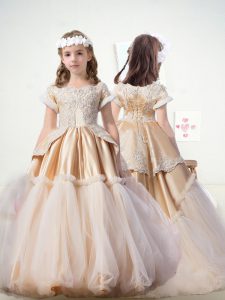 Popular Short Sleeves Floor Length Appliques Lace Up Girls Pageant Dresses with Champagne
