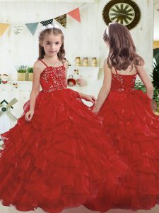 Wine Red Spaghetti Straps Neckline Beading and Ruffles Girls Pageant Dresses Sleeveless Lace Up