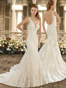 Fantastic Sleeveless Organza and Lace Sweep Train Backless Bridal Gown in White with Appliques and Embroidery
