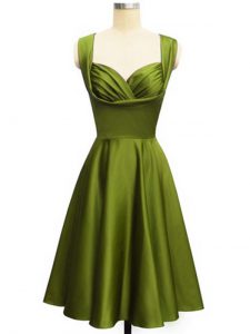 Olive Green Empire Taffeta Straps Sleeveless Ruching Knee Length Lace Up Bridesmaid Dresses