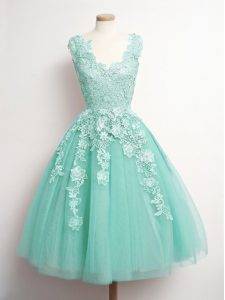 Aqua Blue A-line Tulle V-neck Sleeveless Appliques Knee Length Lace Up Court Dresses for Sweet 16