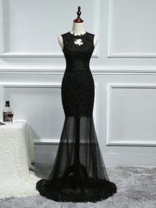 Black Mermaid Tulle Scoop Sleeveless Lace and Appliques Backless Evening Dress Brush Train