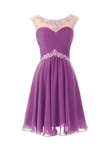 Gorgeous Purple Cap Sleeves Beading Knee Length Evening Dress