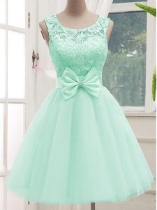 Captivating Sleeveless Knee Length Lace and Bowknot Lace Up Bridesmaid Dress with Apple Green