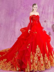 Red Tulle Lace Up Off The Shoulder Sleeveless 15th Birthday Dress Court Train Appliques and Ruffles