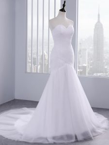 Fitting Tulle Sweetheart Sleeveless Court Train Lace Up Ruching Wedding Gown in White