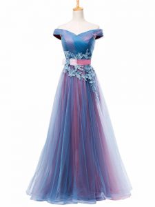 Cute Multi-color Off The Shoulder Neckline Appliques and Ruching and Belt Prom Party Dress Sleeveless Lace Up