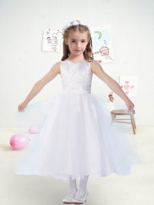 Scoop Sleeveless Toddler Flower Girl Dress Tea Length Beading and Belt White Tulle