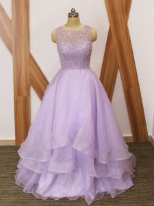 Excellent Lavender Sleeveless Brush Train Beading and Ruffles Red Carpet Prom Dress