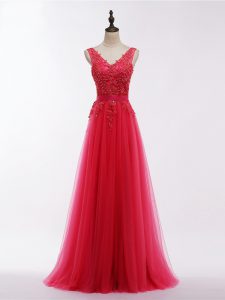 Coral Red Empire Lace and Appliques Evening Outfits Backless Tulle Sleeveless Floor Length