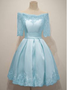Custom Made Off The Shoulder Half Sleeves Court Dresses for Sweet 16 Knee Length Lace Light Blue Taffeta