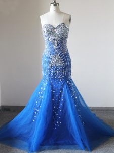 Brush Train Mermaid Formal Dresses Royal Blue Sweetheart Tulle Sleeveless Zipper