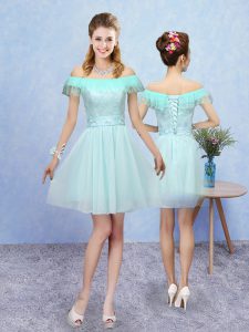 Aqua Blue A-line Lace Bridesmaid Dresses Lace Up Tulle Cap Sleeves Mini Length