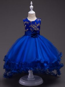 Discount Royal Blue Sleeveless High Low Appliques and Hand Made Flower Zipper Little Girl Pageant Dress