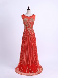 Elegant Red Tulle Zipper Evening Dresses Sleeveless Floor Length Beading