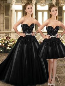 Brush Train Ball Gowns Wedding Gown Black Sweetheart Tulle Sleeveless Backless