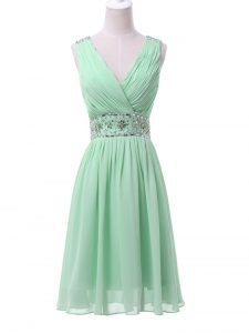 Apple Green V-neck Zipper Beading and Ruching Quinceanera Dama Dress Sleeveless