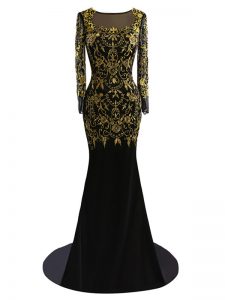 Inexpensive Black Long Sleeves Chiffon Brush Train Zipper Evening Wear for Prom and Military Ball and Beach