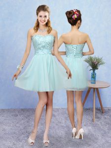 Aqua Blue A-line Tulle Sweetheart Sleeveless Appliques Mini Length Lace Up Bridesmaids Dress