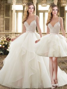 Custom Designed White Bridal Gown Organza Brush Train Sleeveless Beading and Ruffles