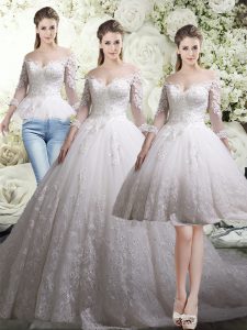 3 4 Length Sleeve Chapel Train Lace Zipper Wedding Dresses