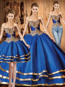 Royal Blue Three Pieces Beading and Appliques and Ruffled Layers Quinceanera Dresses Lace Up Organza Long Sleeves