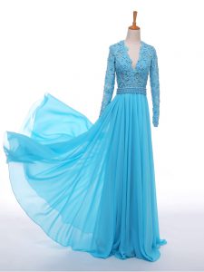 Gorgeous Baby Blue V-neck Neckline Lace and Appliques Evening Gowns Long Sleeves Zipper