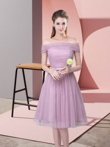 Fancy Lavender Side Zipper Wedding Party Dress Ruching and Belt Sleeveless Knee Length