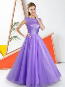 Free and Easy Sleeveless Tulle Floor Length Backless Quinceanera Court Dresses in Lavender with Beading and Lace