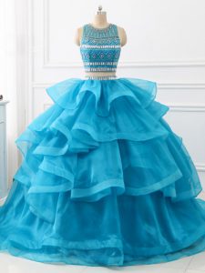 Elegant Baby Blue Tulle Backless Scoop Sleeveless Ball Gown Prom Dress Brush Train Beading and Ruffles