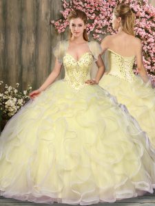 Designer Light Yellow Ball Gowns Tulle Sweetheart Sleeveless Beading and Ruffles Floor Length Lace Up Quinceanera Gowns