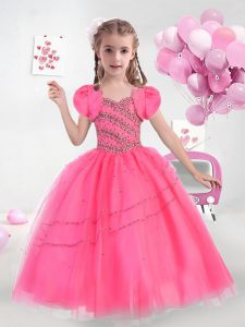 Beauteous Floor Length Lace Up Little Girls Pageant Dress Hot Pink for Wedding Party with Beading