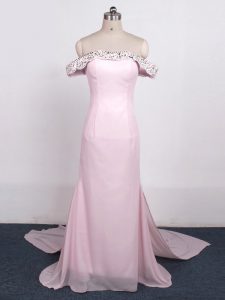 Baby Pink Off The Shoulder Zipper Beading Evening Gowns Watteau Train Sleeveless