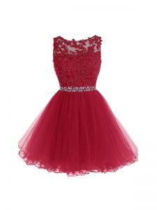 Ideal Burgundy Organza Zipper Prom Party Dress Sleeveless Mini Length Beading and Lace and Appliques