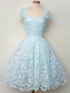Straps Cap Sleeves Bridesmaids Dress Knee Length Lace Aqua Blue Lace