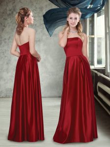 High Quality Strapless Sleeveless Damas Dress Floor Length Ruching Wine Red Taffeta
