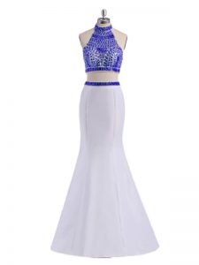 Gorgeous White Two Pieces Halter Top Sleeveless Satin Floor Length Criss Cross Beading Red Carpet Prom Dress