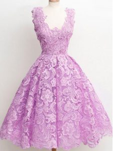 Lilac Zipper Wedding Party Dress Lace Sleeveless Knee Length