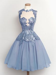 Extravagant Light Blue Lace Up High-neck Lace Bridesmaid Dress Chiffon Sleeveless