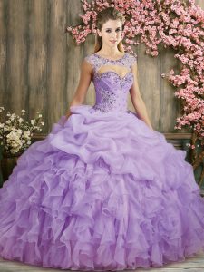 Lilac Lace Up 15th Birthday Dress Beading and Ruffles Sleeveless Sweep Train