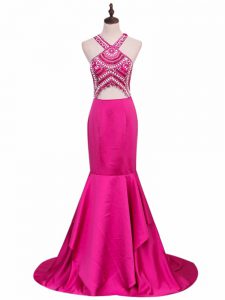 Hot Pink Backless Celebrity Inspired Dress Beading Sleeveless Brush Train