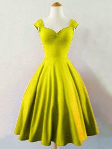 Sleeveless Taffeta Knee Length Lace Up Damas Dress in Olive Green with Ruching