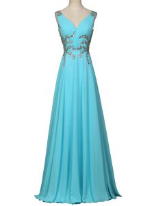 Aqua Blue Sleeveless Chiffon Zipper Formal Evening Gowns for Prom and Party and Military Ball and Sweet 16