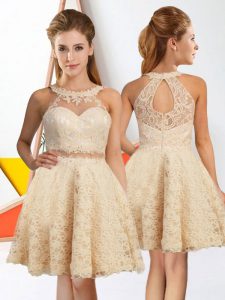 Sweet Champagne Quinceanera Court of Honor Dress Prom and Party with Lace Halter Top Sleeveless Zipper